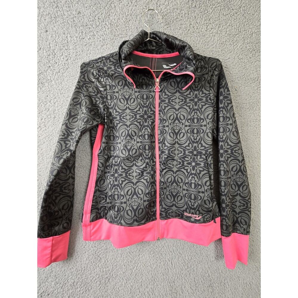 Saucony Womens Athletic Full Zip Running Jacket Size S Small Black Gray Pink